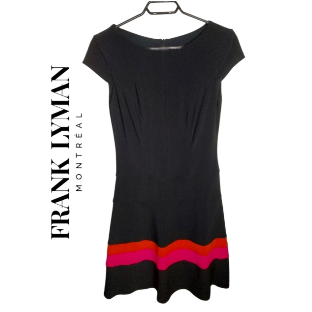 Frank Lyman Black Stretchy Dress With Orange And Pink Strips